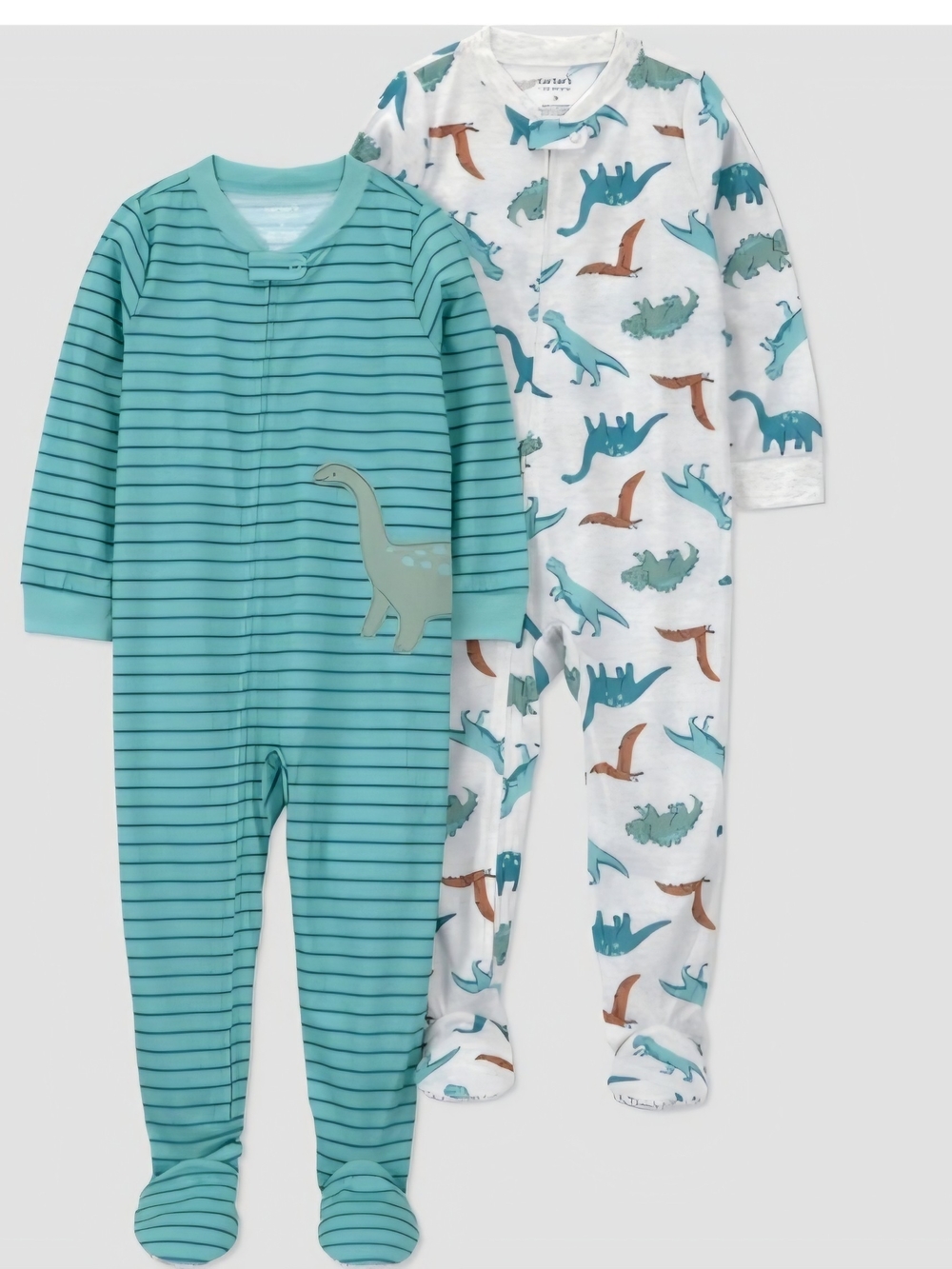 Unbranded Kids' Teal & White Dinosaur Footed One-Piece Set - 2 Pack